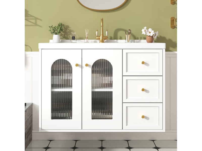  Meuble de salle de bain suspendu 80x50x58 cm, vasque, tiroirs, porte en verre ondulé, armoire de rangement, mdf blanc  - Conforama B
