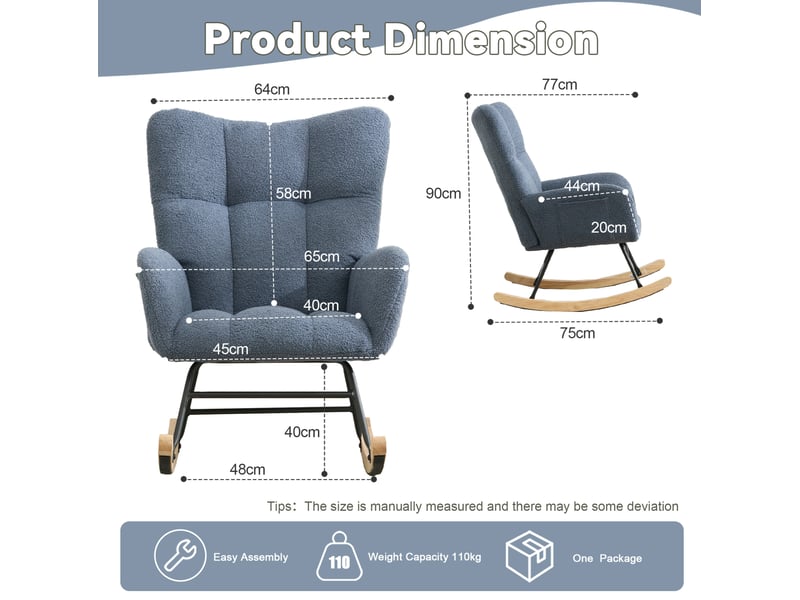  Fauteuil à bascule modenvie en tissu teddy bleu marine avec poche latérale 65 x 77 x 90 cm  - Conforama C