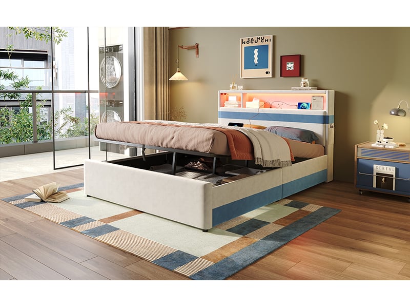  Lit coffre 140 × 200 cm, sommier relevable, tête de lit led avec rangements, ports usb et poches, velours blanc et bleu  - Conforama B