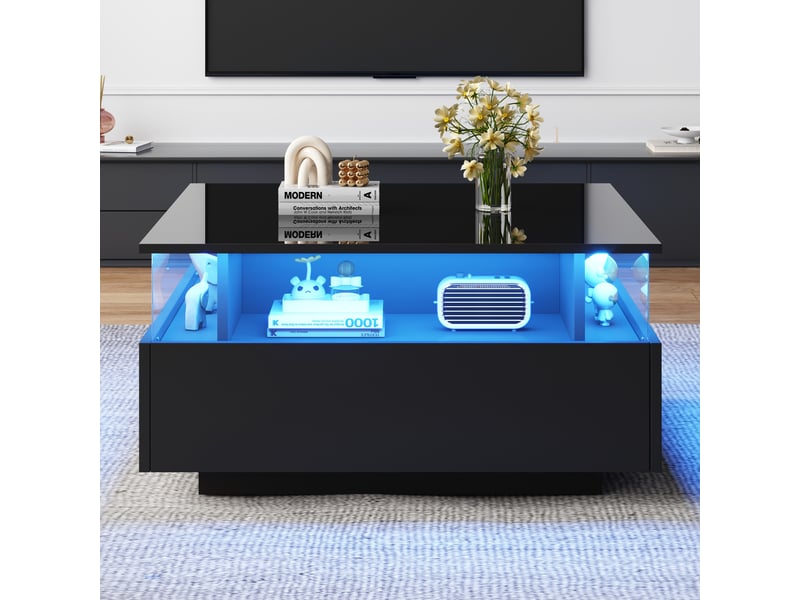  Table basse carrée 70x70 noire brillante avec led - 2 tiroirs et vitrine acrylique  - Conforama C