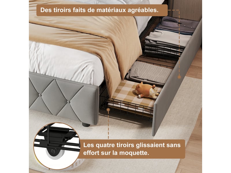  Lit coffre 90x200 cm, tête de lit led, coloris gris  - Conforama E