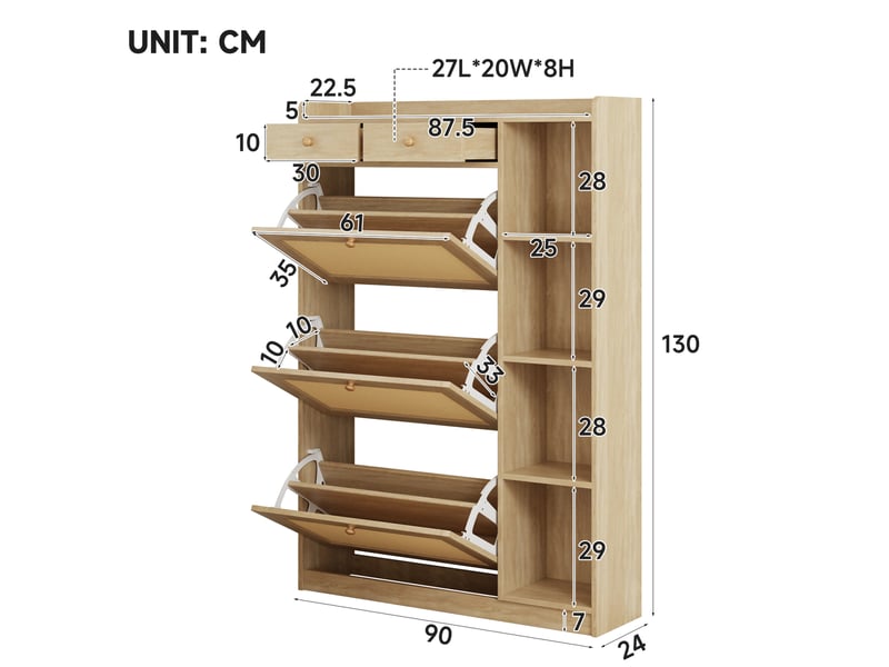  Meuble à chaussures 90x24x130 cm avec 3 abattants, 2 tiroirs coloris naturel  - Conforama C