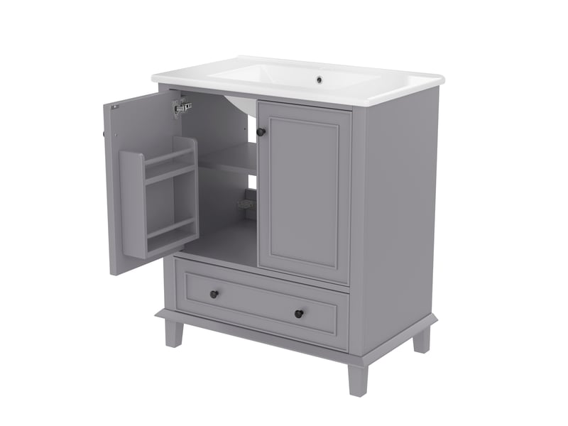  Meuble vasque gris 76 cm avec lavabo céramique intégré et pieds bois massif  - Conforama A