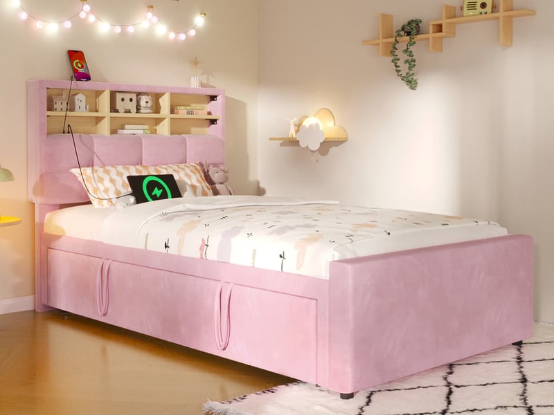 Lit gigogne, 90 x 200 cm, design multifonction extensible, avec port de charge et compartiment de rangement ouvert, velours, rose  - Conforama B