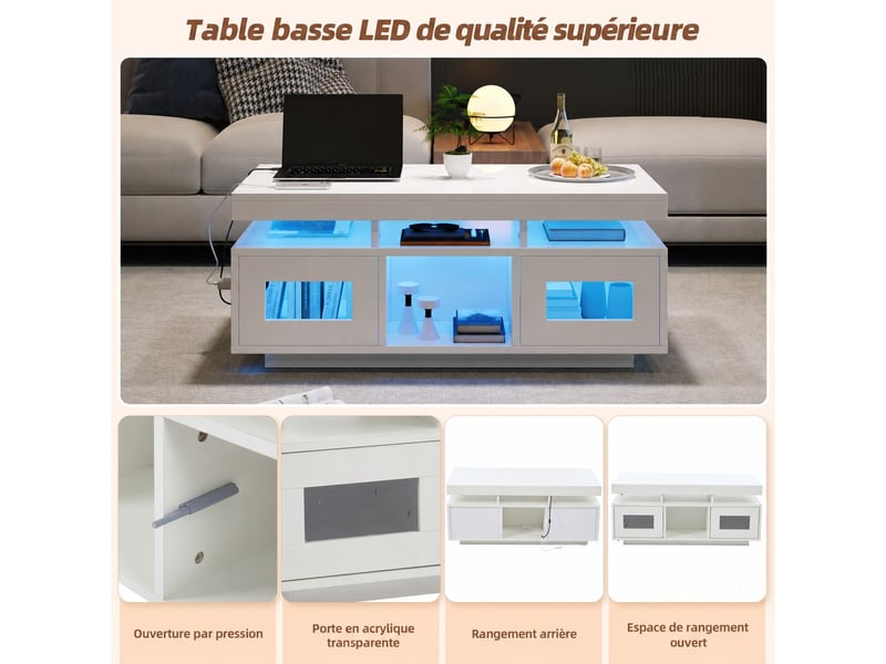  Table basse avec lumières led, rangements, app contrôle, blanc brillant, 100x50x43 cm  - Conforama E