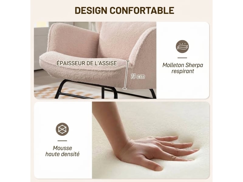  Fauteuil à bascule avec repose-pieds, fauteuil d'allaitement beige en polaire douce  - Conforama W