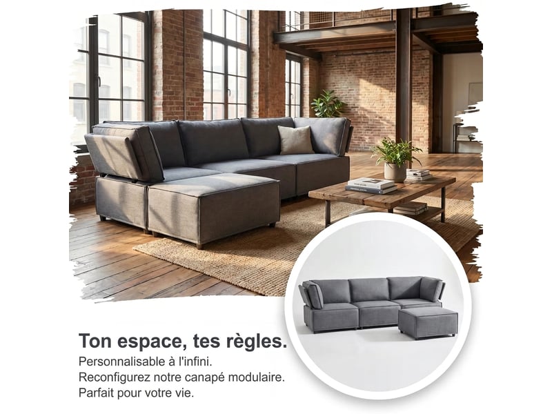 Canapé modulable gris clair 4 places - convertible en lit - tissu lin respirant - design minimaliste - Conforama D