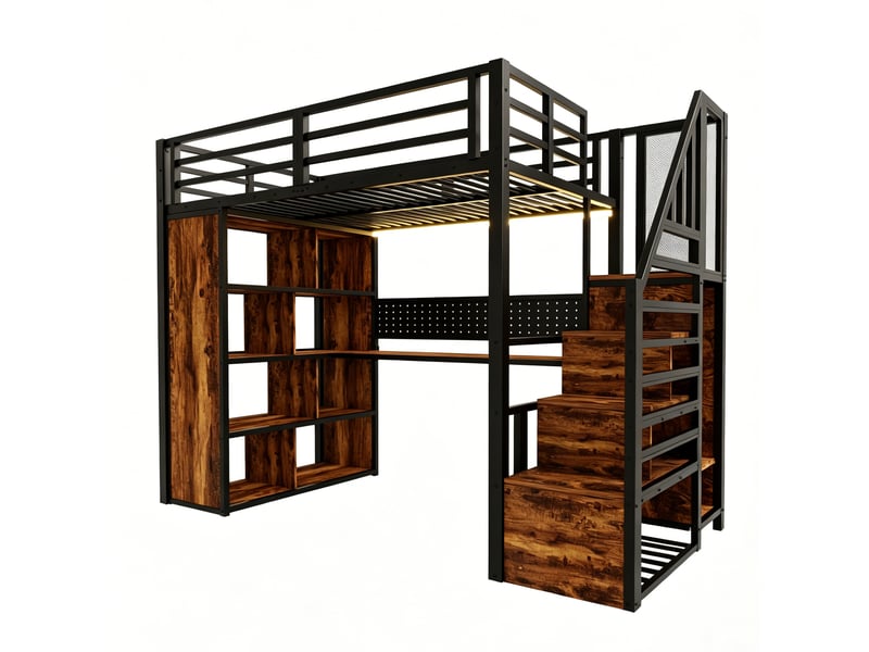  Lit mezzanine métal noir 90x200 cm, bureau, armoire, rangements, prises, panneau perforé et led  - Conforama E
