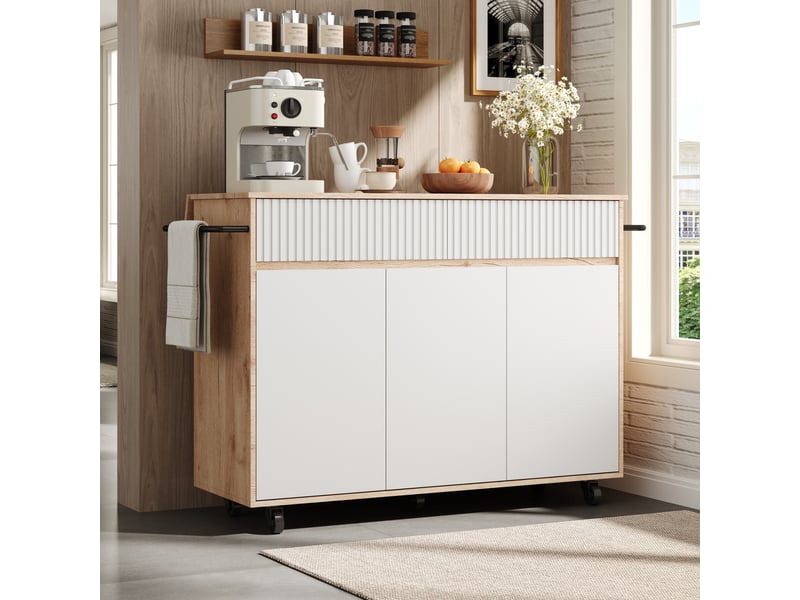  Îlot de cuisine mobile avec plateau rabattable, blanc et bois, 120 x 65 x 91 cm  - Conforama C