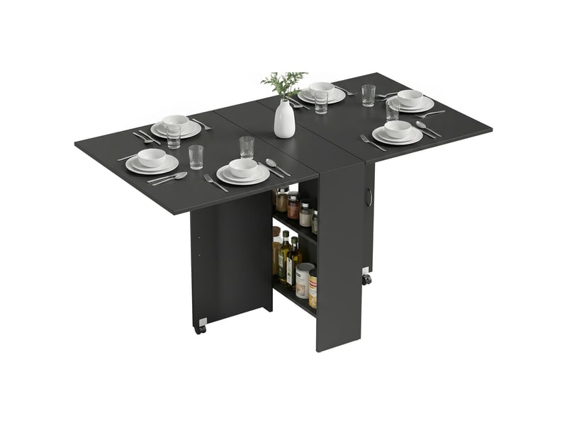  Table de cuisine pliante à 2 roulettes, 2 étagères de rangement et 2 rallonges rabattables, style moderne, 75 x 140 x 74 cm, noire  - Conforama B