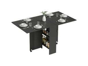 Table de cuisine pliante à 2 roulettes, 2 étagères de rangement et 2 rallonges rabattables, style moderne, 75 x 140 x 74 cm, noire