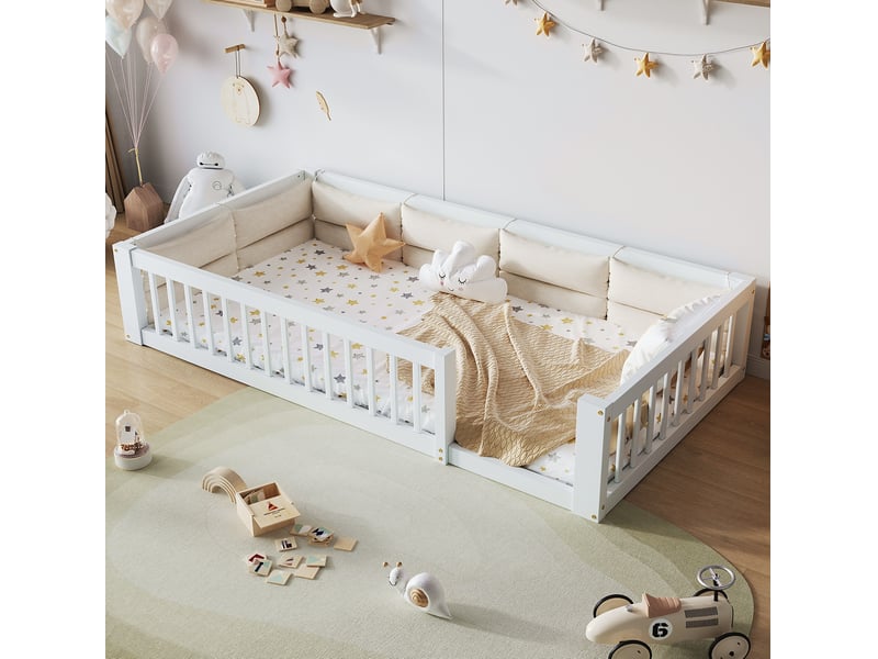  Lit enfant 90x200 cm avec barrière de sécurité et coussin, en bois, blanc  - Conforama B