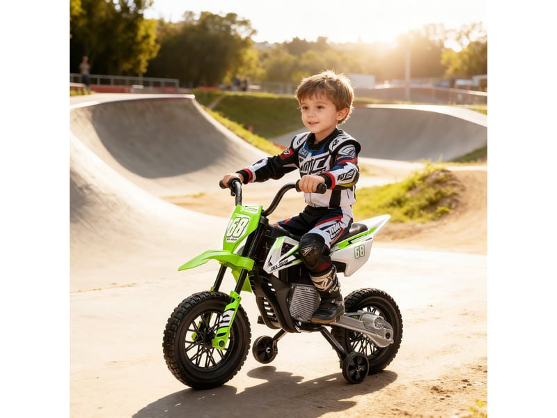 Moto électrique pour enfants de 3 ans et plus, batterie 12 v, musique et roues auxiliaires, capacité de charge de 30 kg, verte - Conforama C