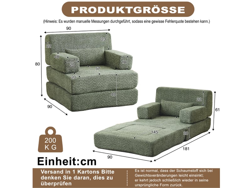  Fauteuil 2-en-1 modulable 1 place en chenille vert  - Conforama C