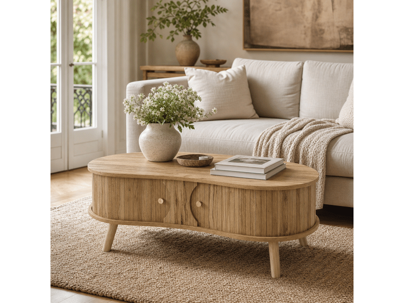 Table basse en forme de pois avec effet rainuré deux portes coulissantes piètement en bois massif et plateau en mdf aspect bois - Conforama B