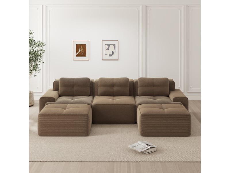 Canapé modulable en u ulevr 3 places avec ottomans, velours côtelé marron, sans montage, 293 x 177 x 69 cm - Conforama B