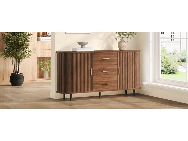 Buffet arrondi 160 cm décor noyer, 2 portes coulissantes, 3 tiroirs, étagères réglables et pieds en fer - Conforama B