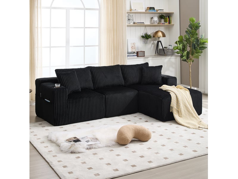  Canapé modulable modenvie 3 places avec méridienne, velours côtelé noir, 5 coussins, poches latérales et porte-gobelets  - Conforama E