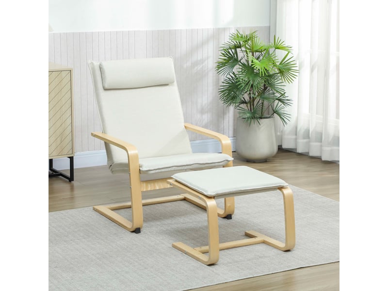  Fauteuil avec repose-pieds, fauteuil de lecture à dossier haut, appui-tête amovible, pieds en bois et revêtement en lin crème  - Conforama D