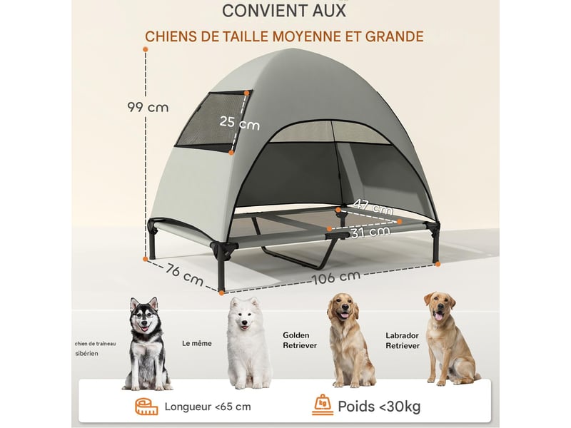  Transat surélevé d'extérieur avec toit amovible en textilène gris clair 106 x 76 x 99 cm  - Conforama C