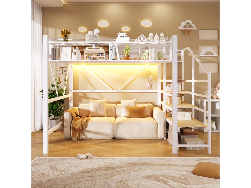 Lit superposé 140x200 cm, lit enfant, rangement, étagères, led, bois et métal blanc - Conforama C
