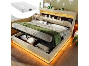 Lit avec rangement 160x200 cm <strong>HOMVRA</strong>  <strong></strong> coloris beige