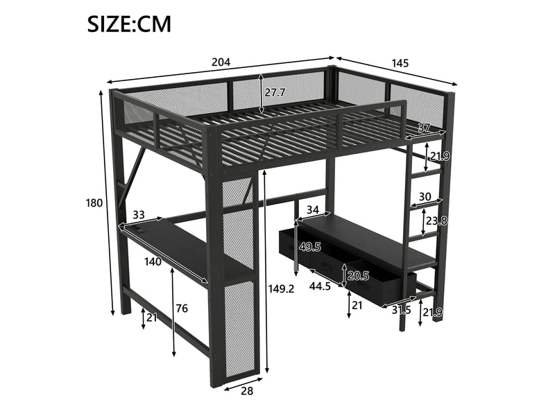  Lit mezzanine 140x200 cm coloris noir led métal lit enfant noir - Conforama C
