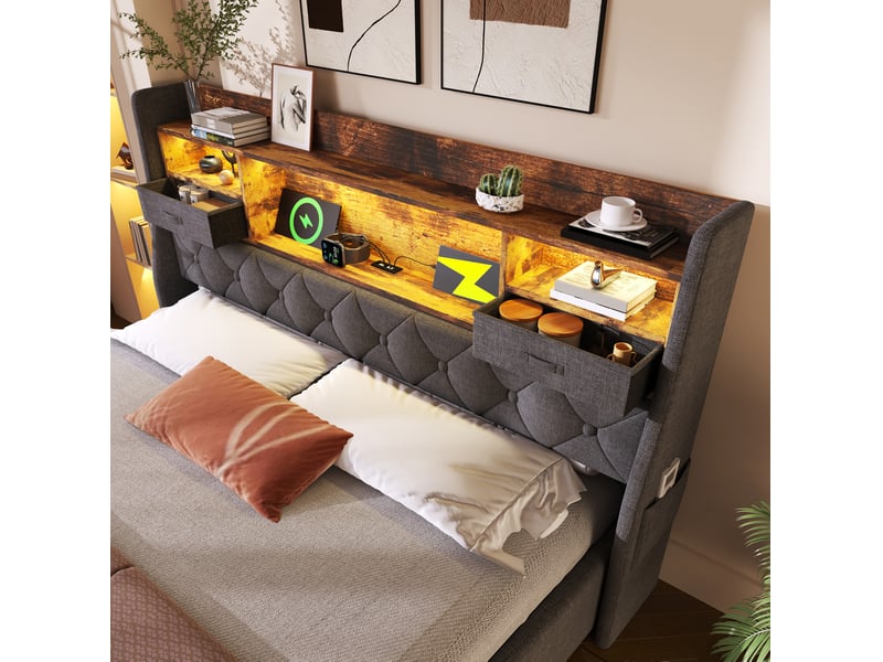  Lit coffre 160 × 200 cm 2 places avec led, usb, type-c, rangement hydraulique, matelas inclus, tissu gris  - Conforama C