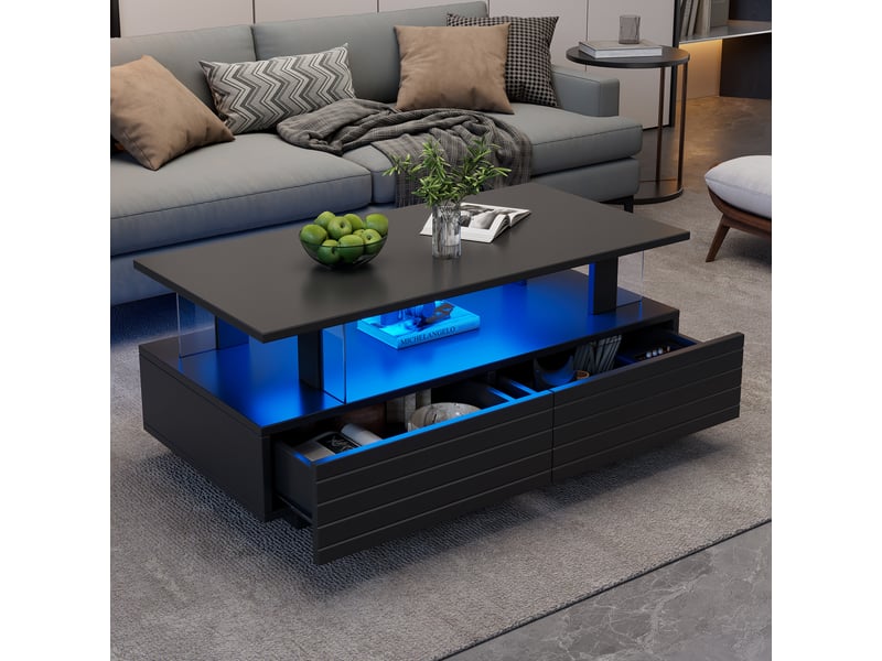 Table basse led noire en acrylique avec 2 tiroirs, contrôle par application bluetooth, 100x50x42 cm - Conforama R