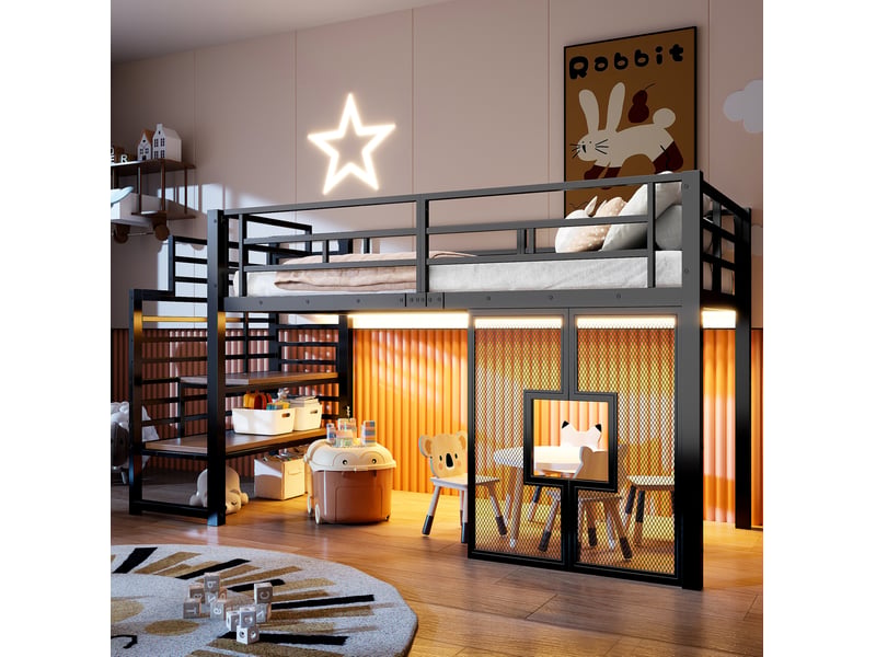  Lit mezzanine enfant 90x200 cm, pour chambre, avec escalier de rangement, led et fenêtres, métal et mdf, couleur noir  - Conforama E