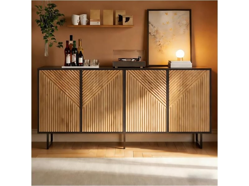  Buffet de salon moderne - dimensions 160x40x75 cm - 4 portes avec design rayé - 8 compartiments de rangement naturel - Conforama B