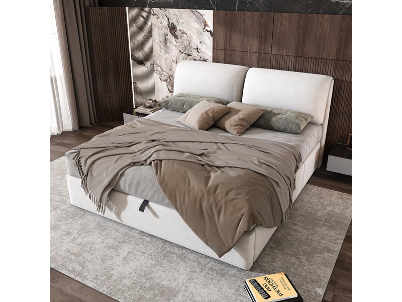  Lit coffre 180x200 cm, lit double, sommier à lattes, rangement hydraulique, velours beige, 3 tiroirs  - Conforama A