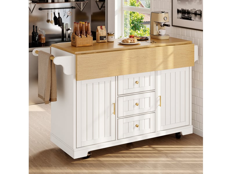 Îlot de cuisine à roulettes 120x4080x95 cm, 3 tiroirs, blanc effet bois - Conforama D
