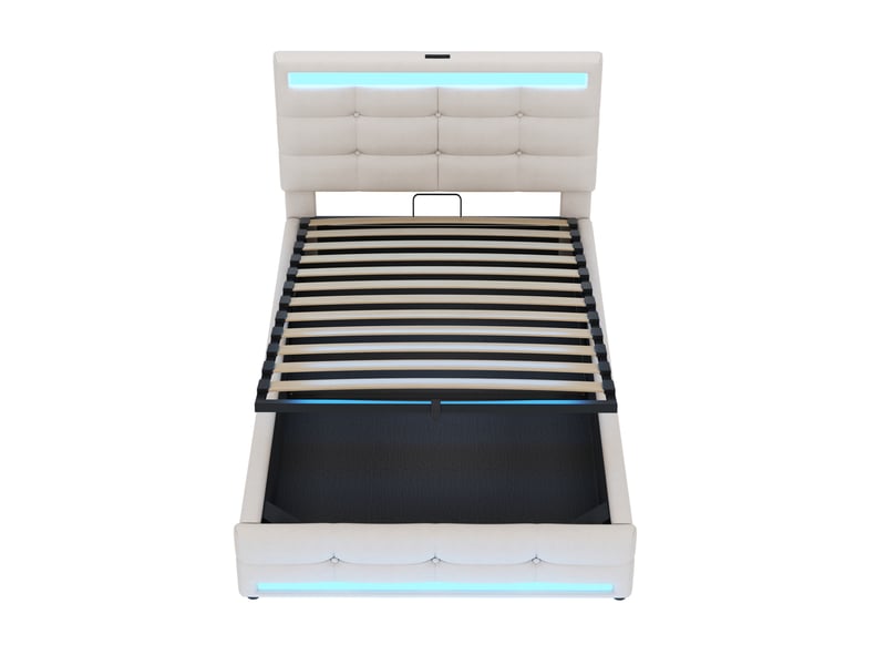 Lit coffre 90x200cm design moderne rembourré led rgb bande lumineuse tête réglable ports usb tissu beige sans matelas - Conforama R