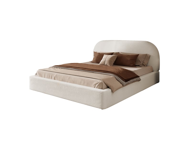  Lit rembourré 180x200 cm, tête de lit rembourrée 13,5 cm, coins arrondis, cadre encastré, sommier à lattes, bouclé - beige  - Conforama A