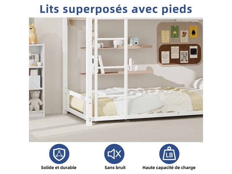  Lit superposé métal 2 x 90 x 190 cm, 2 places avec échelle intégrée, garde-corps et sommier à lattes, blanc  - Conforama D
