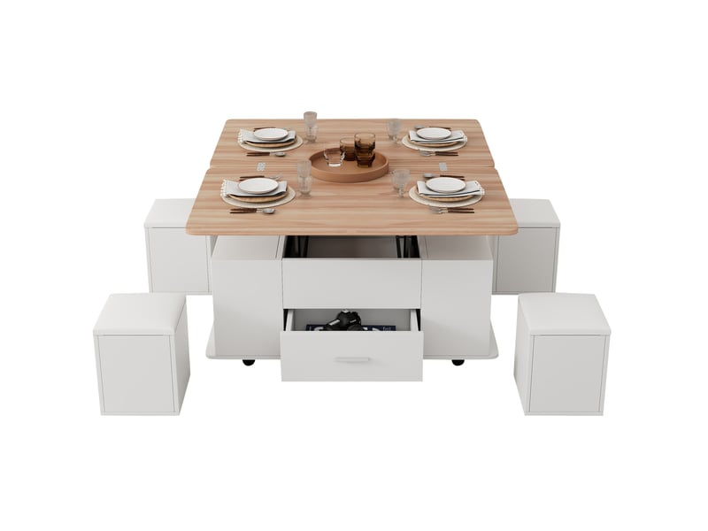 Table basse relevable avec tiroir, 4 tabourets de rangement, roulettes pour salon, blanc et bois naturel, 100 × 50 × 45 cm - Conforama A