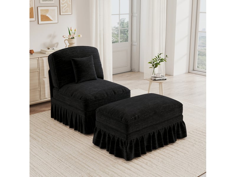  Fauteuil avec pouf en tissu chenille avec jupe amovible et dossier rembourré, noir  - Conforama B