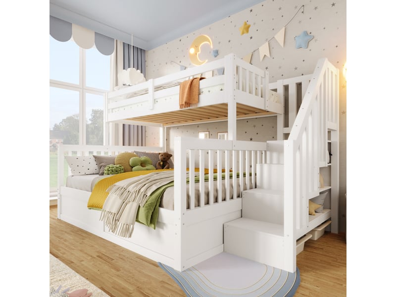  Lit superposé 90x200cm+140x200cm avec rangement hydraulique, échelle de rangement, sans matelas, blanc, pin  - Conforama C