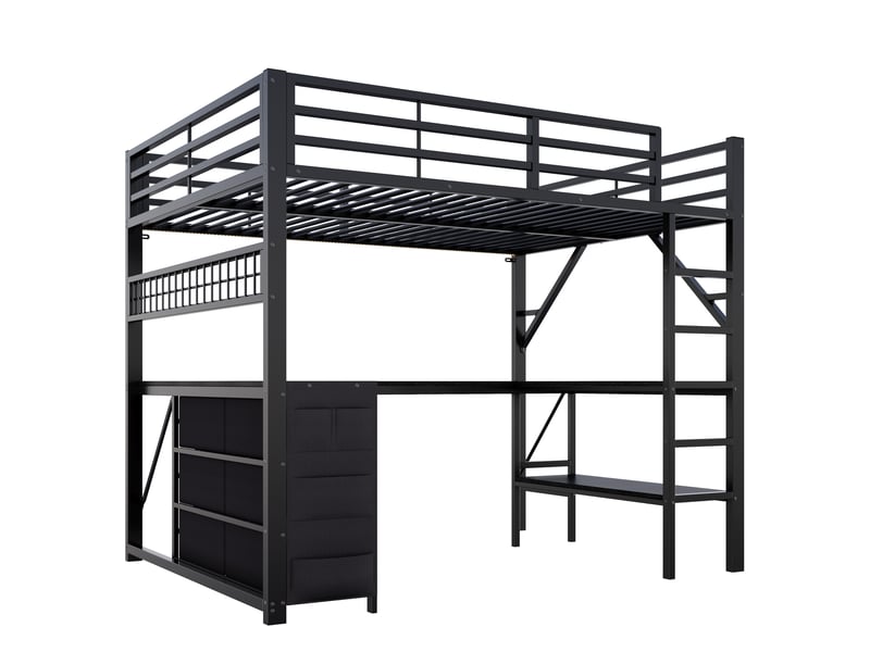  Lit mezzanine gaming 140x200cm en métal avec bureau en u,éclairage led,panneau perforé,6 tiroirs,lit superposé avec penderie,sans matelas,noir  - Conforama A