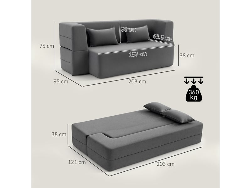  Canapé-lit 2 places convertible en tissu avec 2 coussins gris 203 x 95 x 75 cm  - Conforama C