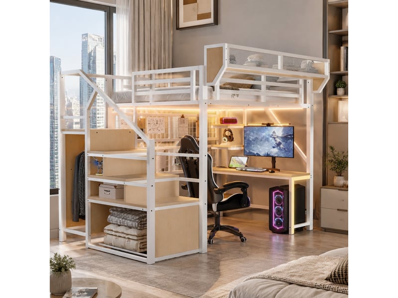 Lit mezzanine 140x200 cm avec bureau, rangements et led coloris blanc  - Conforama B