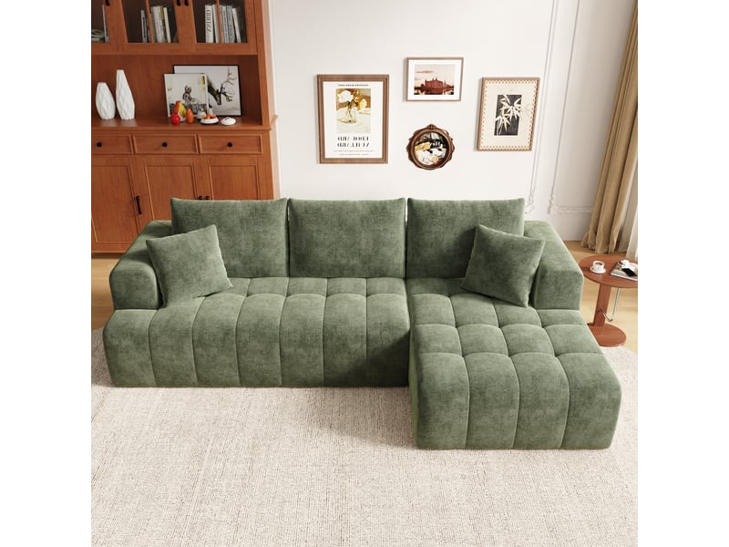 Canapé d’angle en l 3 places 244,5x136x79 cm modulable effet nuage, sans structure, sans montage, assise profonde, mousse haute densité, chenille vert - Conforama B