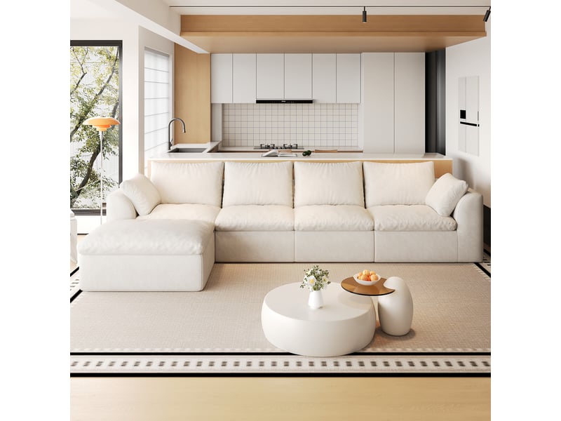 Canapé d’angle modulable 5 places 310x155 cm, canapé nuage en tissu lin blanc beige, mousse haute élasticité compressée, assise profonde, sans montage  - Conforama B