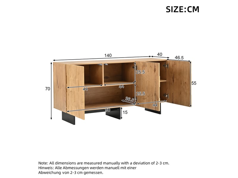  Buffet 3 portes 140x40x70 cm coloris bois naturel en mdf et panneau de particules  - Conforama C