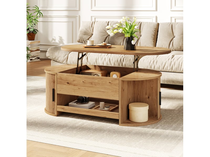  Table basse relevable avec rangement caché, portes coulissantes et tablette coulissante, mdf naturel, 110 × 55 × 55 cm  - Conforama D