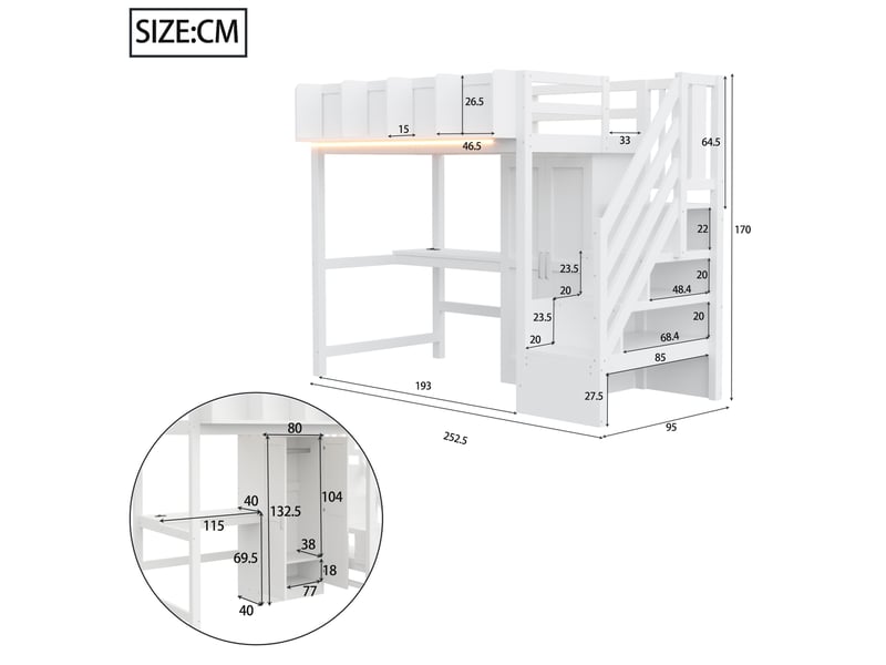  Lit mezzanine enfant simple 90×200 cm avec bureau, armoire, led et prises - okmyhome- blanc, sans matelas  - Conforama D