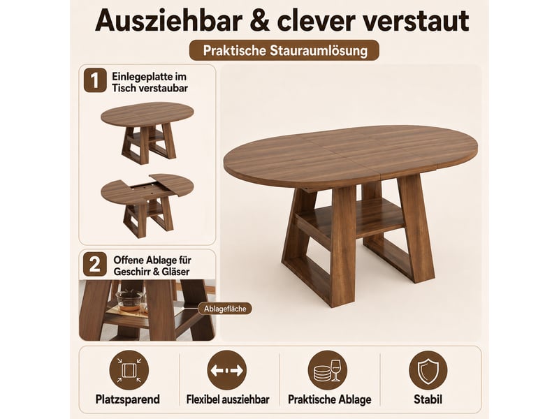 Table de salle à manger ronde extensible pour 4 à 6 personnes avec rangement et tablette, en mdf, coloris noyer - Conforama E