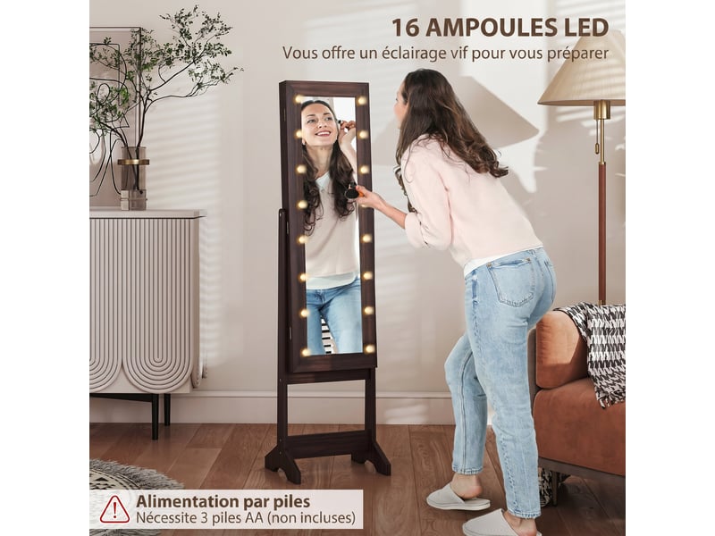  Armoire à bijoux, armoire de rangement sur pieds, boîte à bijoux avec miroir multi-rangements éclairage led marron foncé  - Conforama E