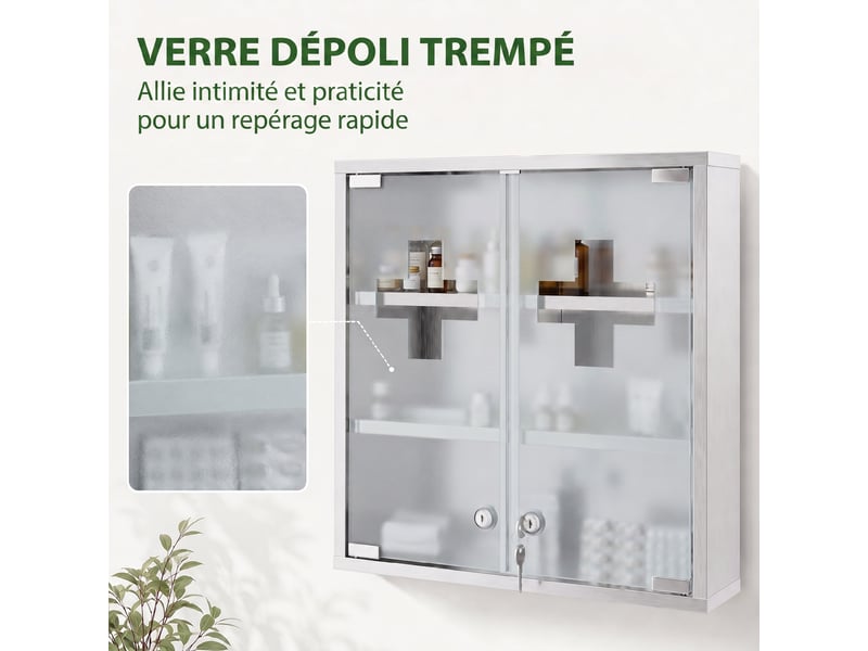  Armoire à pharmacie murale avec portes en verre verrouillables 2 clés, étagères de rangement, 46 x 12 x 48 cm, argenté  - Conforama R